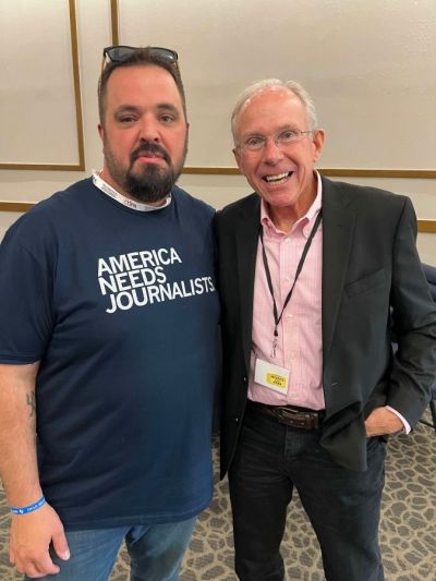 TCCJ director, instructor and publisher Austin Lewter with Mike Hodges, Executive Director of the Texas Press Association, last month at the joint convention of the Texas Gulf Coast Press and South Texas Press Associations in New Braunfels, Texas. TCCJ director, instructor and publisher Austin Lewter with Mike Hodges, Executive Director of the Texas Press Association, last month at the joint convention of the Texas Gulf Coast Press and South Texas Press Associations in New Braunfels, Texas.