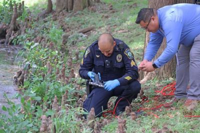 Uvalde Police Sgt. Ramon Morin analyzes a gun recently pulled from the Leona River as detective Renato Lualemaga takes a photo. The duo were among several officers that spent the morning pursuing Caleb Nathaniel Apodaca, who threw the gun into the river following a disturbance in the 100 Block of N. Camp St. on June 20. Fire marshal Juan “Tati” Hernandez ultimately fished the gun out with a magnet. (June 23, 2024 -- Pete Luna | Uvalde (Texas) Leader-News)