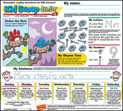 Publish Kid Scoop Junior, a half-page weekly feature with fun reading and math activities for the whole week. Take a look!